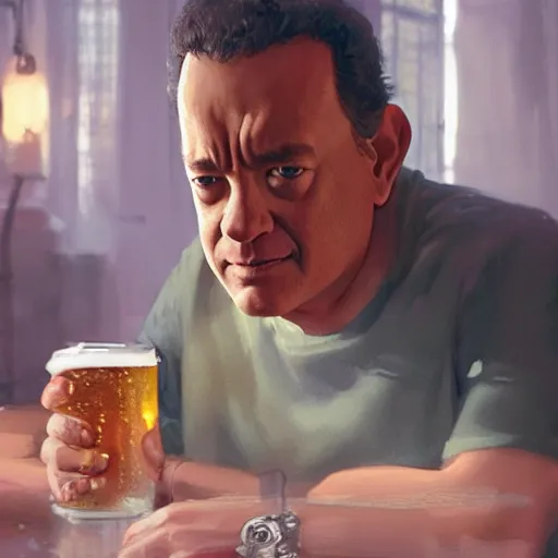 Prompt: tom hanks drinking a beer, highly detailed vfx portrait, unreal engine, greg rutkowski, loish, rhads, caspar david friedrich, makoto shinkai and lois van baarle, ilya kuvshinov, rossdraws, elegent, tom bagshaw, alphonse mucha, global illumination, detailed and intricate environment.