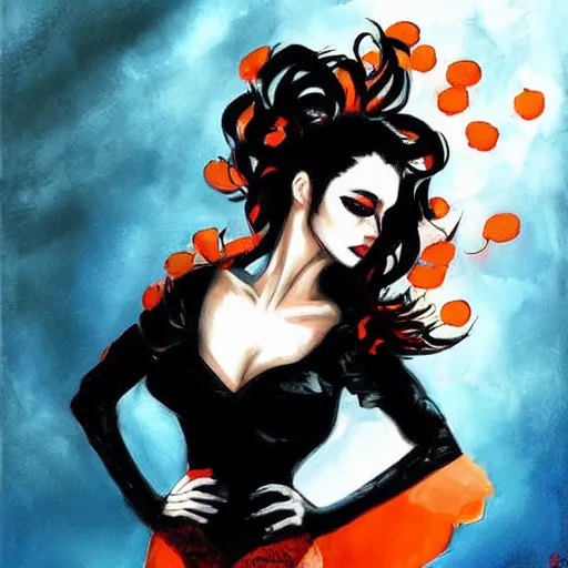 Prompt: painting in style of jim lee, very young, dark angel of coffee, the extremely hot and sexy, shiny black dress, long red hair, freckles, orange halo around her head, black wings, huge cup of coffee