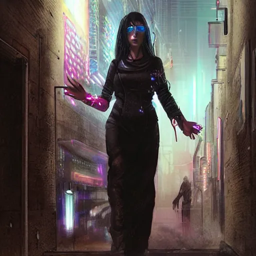 Image similar to a beautiful realistic portrait of a cyberpunk priestess in a dark alley