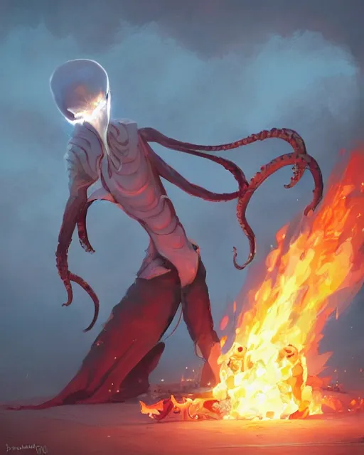 Image similar to humanoid squid squidward wearing fire nation clothing and practicing firebending outside at susnset, [ greg rutkowski ]