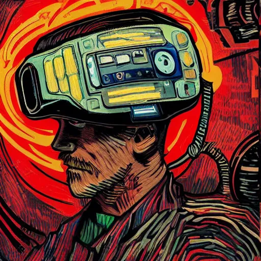 Image similar to Illustrated by Shepard Fairey and H.R. Geiger | Cyberpunk VAn Gogh with VR helmet, surrounded by cables