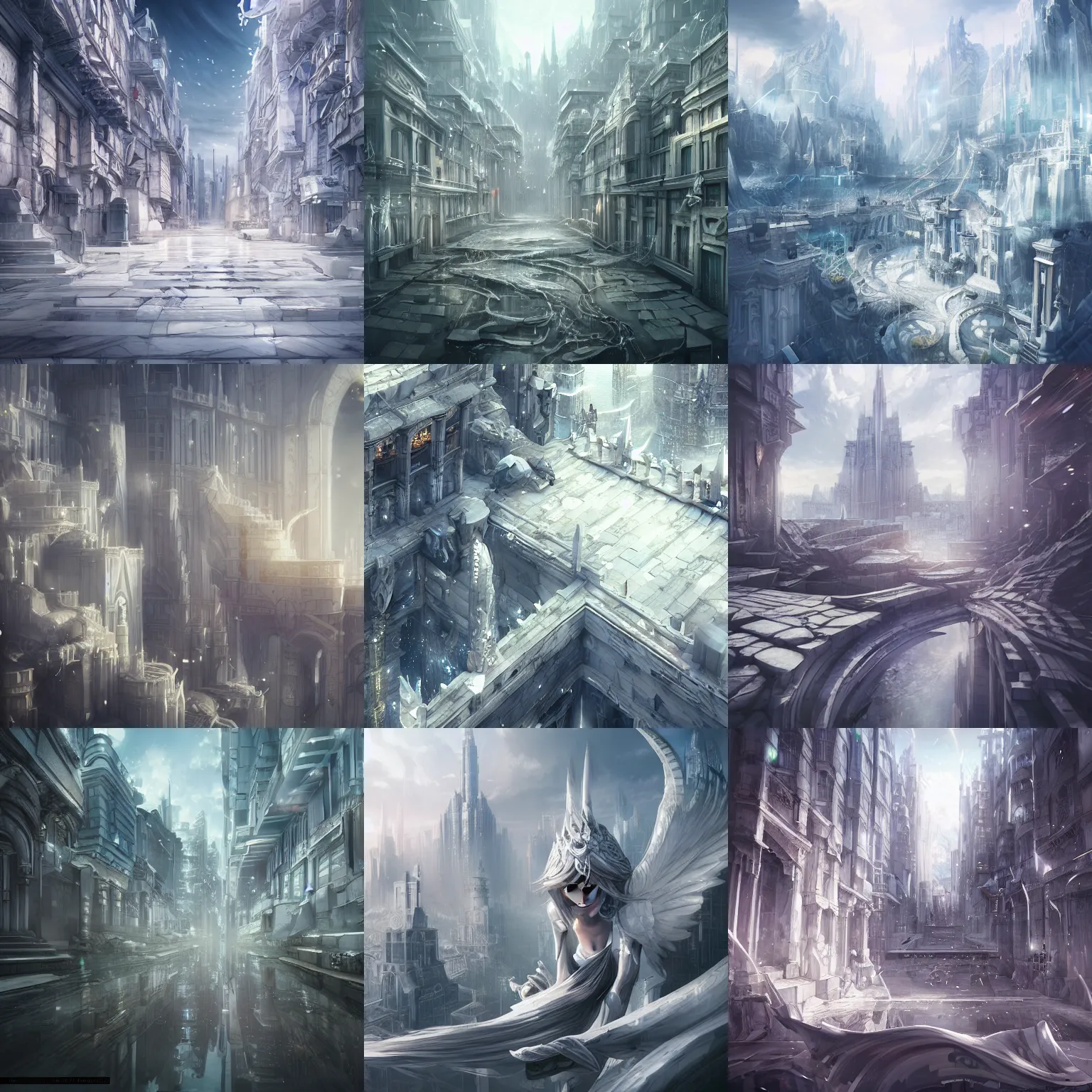 Prompt: city, fantasy, town, metropolis, white marble, white stone, fantasy art, sharp, unreal engine, hyper detailed, anime style, by wlop