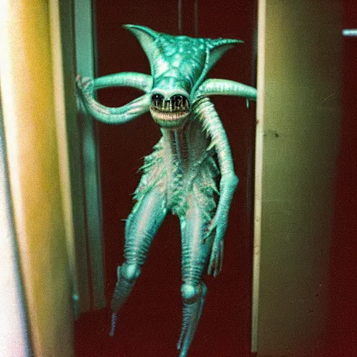 Prompt: alien creature in a soviet apartment, 1 9 8 0 s photo, cinestill 8 0 0 t 3 5 mm, camera flash