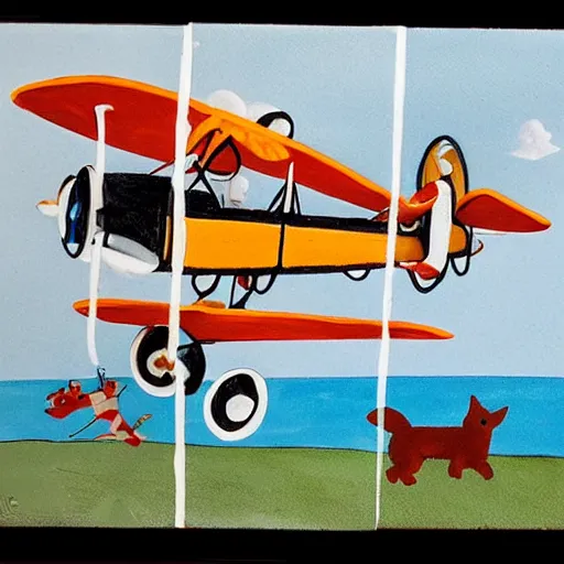 Image similar to biplane flying, piloted by identical 3 dogs, toy fox terrier breed, black and white spots, panting, tin tin painting