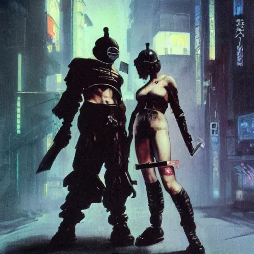 Image similar to An android wielding two katanas in a cyberpunk setting by Frank Frazetta, Trending on Artstation, 1980s computer graphics,