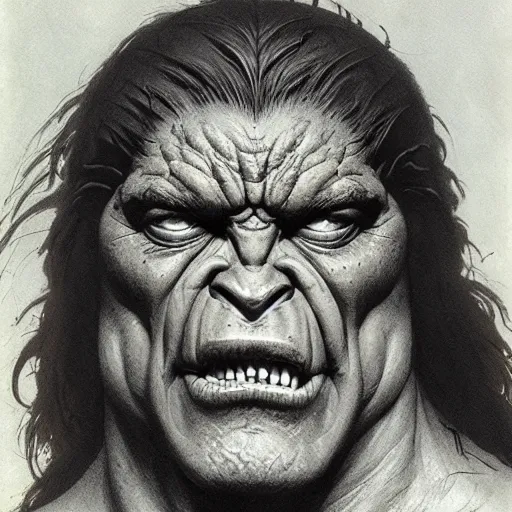 Prompt: head and shoulders photo portrait of an ogre barbarian, d & d, fantasy, greg rutkowski, frank frazetta, alexandre chaudret, boris vallejo, michael whelan, miro petrov, hr giger, magali villeneuve, donato giancola