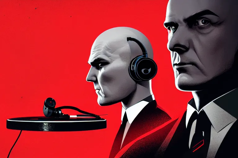 Image similar to a portrait of agent 4 7 from hitman wearing headphones and putting a vinyl record onto a turntable, dark background, red rim light, digital art, artstation, concept art by giger stalenhag