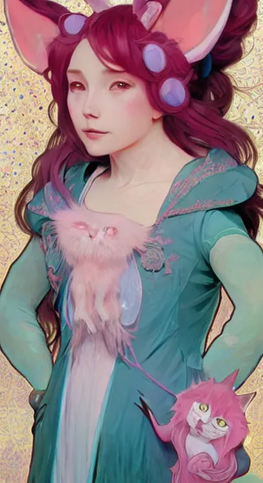 Prompt: Portrait of Youppi as a shiny pink and cyan legendary pokémon. Beautiful digital art by Greg Rutkowski and Alphonse Mucha. Cat ears