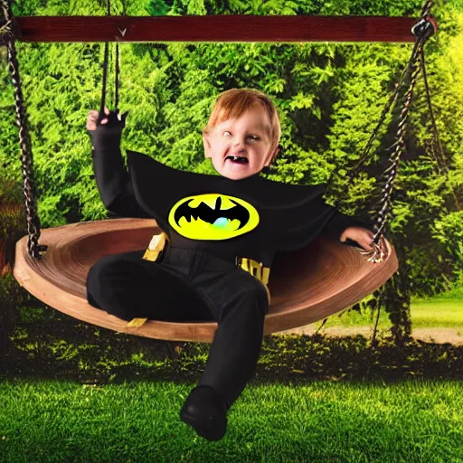 Image similar to batman sits happily on a garden swing, happy face, 8 k photography