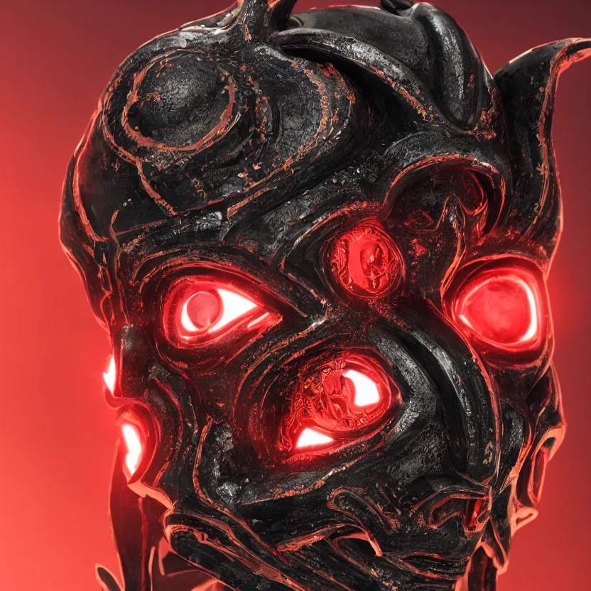 Prompt: a black symmetrical centered oni mask, kintsugi, dramatic angle, ornate, details, smooth, sharp focus, illustration, realistic, cinematic, artstation, award winning, rgb , unreal engine, octane render, cinematic light, macro, depth of field, blur, red cloud light, 8K,