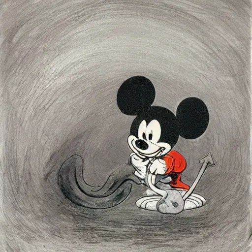 Prompt: mickey mouse as saturn devouring his son by francisco goya, dramatic dark painting by francisco goya and william blake