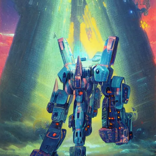 Image similar to a large anthropomorphic unicorn shaped mecha by paul lehr and moebius