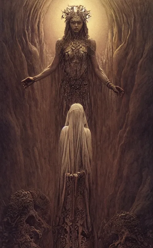 Image similar to a tarot card of a goddess in white robe, cinematic lighting, highly detailed, symmetric, concept art, masterpiece, fantasy art, hyperdetailed, hyperrealism, saturated colors, art by zdzistaw beksinski, arthur rackham, dariusz zawadzki, larry elmore