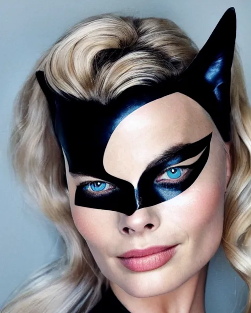 Image similar to portrait of margot robbie with a cat woman costume, full body shot, highly detailed, beautiful eyes, beautiful face, detailed face, cinematic, professional photograph