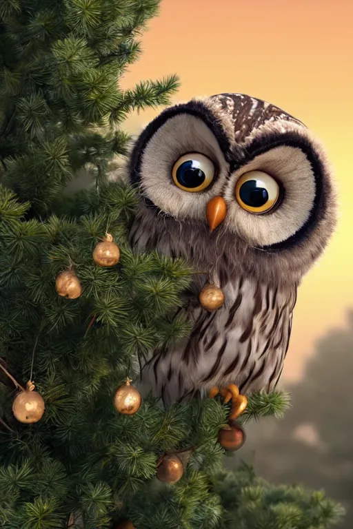 Image similar to funny disheveled owl sits on a pine tree. pixar disney 4 k 3 d render funny animation movie oscar winning trending on artststion and behance. oscar award winning.