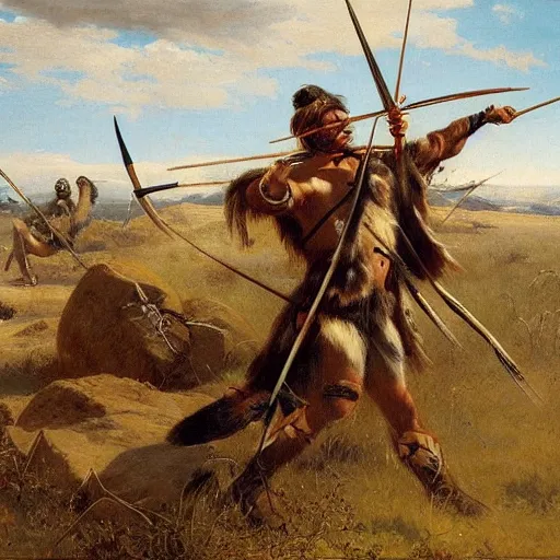 Image similar to american indian hunting sabertooth tiger with bow and arrow, plains by emanuel leutze