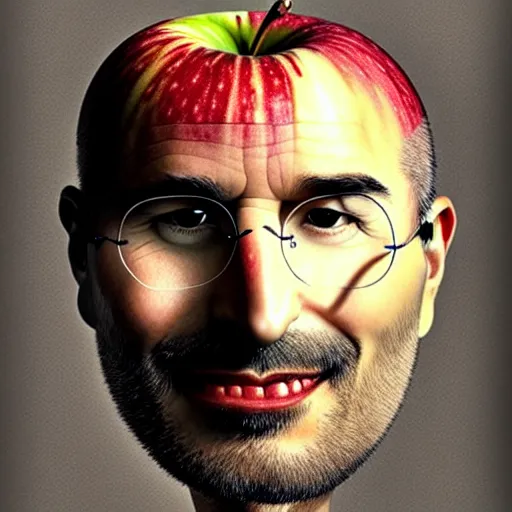 Image similar to apples arranged in the shape of a face resembling steve jobs, fantasy, intricate, elegant, highly detailed, lifelike, photorealistic, digital painting, artstation, illustration, smooth, sharp focus, art by giuseppe arcimboldo