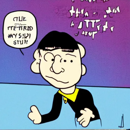 Image similar to chris kattan as spock in the style of charles schulz, peanuts, cartoon,