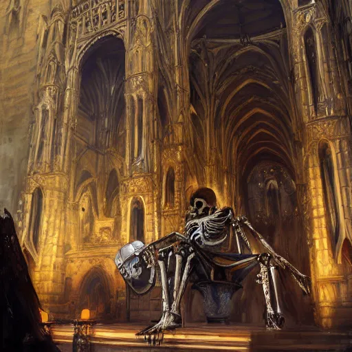 Image similar to Human skeleton, skeleton knight, wearing bandages, majesty in noble clothes, king resting on a throne inside a cathedral, old castle, oil painting, by Fernanda Suarez and Greg Rutkowski