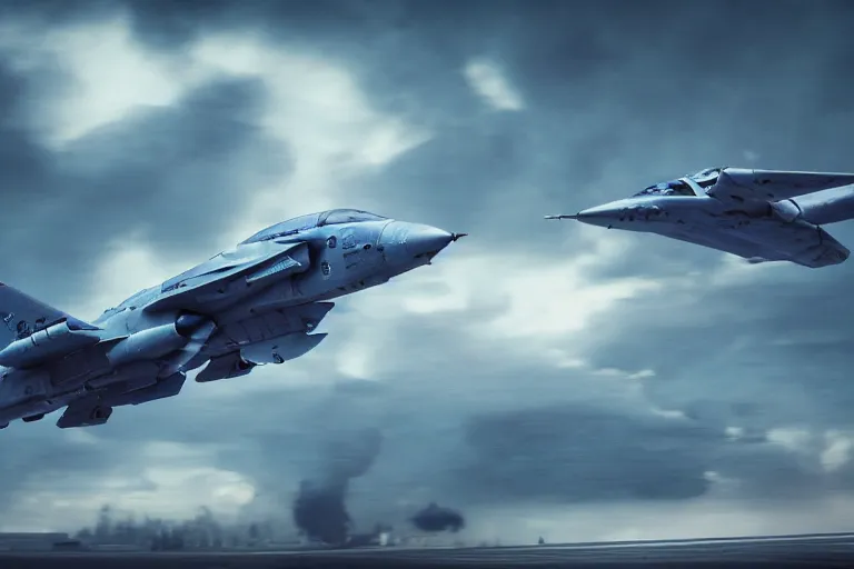 Image similar to a futuristic fighter aircraft, worn paint, action shot, motion blur, thunderclouds in the background, intricate details, intricate textures, blue tint, realistc octane render, hyper realistic render, volumetric shading, depth of field, soft lighting, 8k