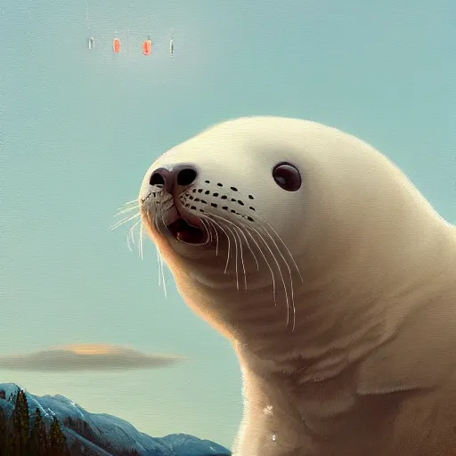 Prompt: an intricate oil painting of a giant cute white furry baby seal with by simon stalenhag