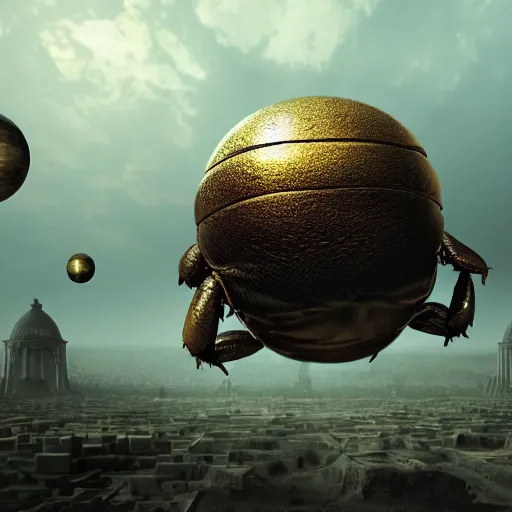 Prompt: a giant dung beetle pushing a metallic orb through the wastes of an ancient city, photorealistic, ultra detailed, eerie lighting, foggy, deep shadows, 4 k,