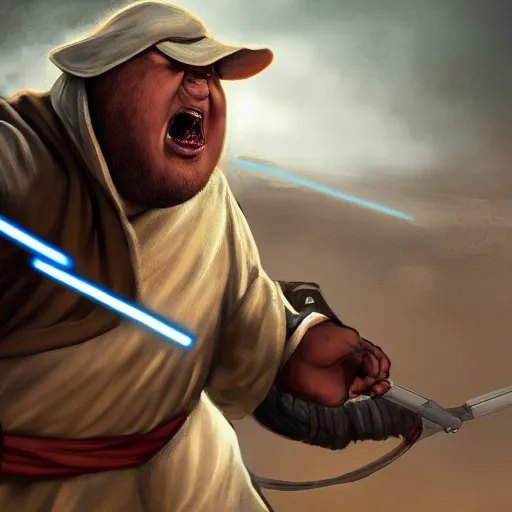 Image similar to highly detailed portrait of morbidly obese jedi fighting a sith, illustration, trending on artstation