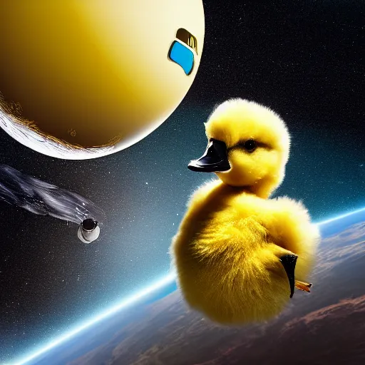 Prompt: A little duckling floating in space with an astronaut suit, 4k, photograph, photoreal, realistic, highly detailed, epic lighting, awar winning