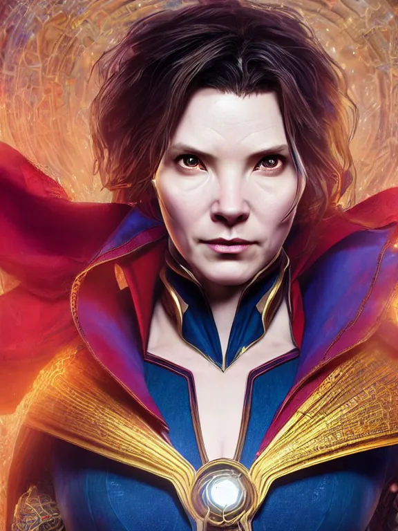 Image similar to female doctor strange, au naturel, hyper detailed, digital art, trending in artstation, cinematic lighting, studio quality, smooth render, unreal engine 5 rendered, octane rendered, art style by klimt and nixeu and ian sprigger and wlop and krenz cushart