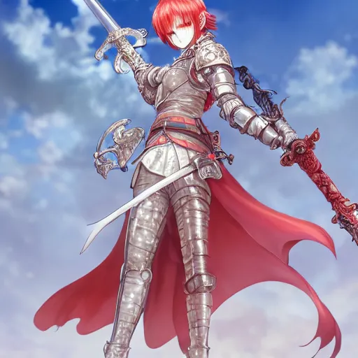 Image similar to a red haired female knight with a holy sword as an absurdly beautiful, elegant, sensual anime girl, blue background, ultrafine hyperrealistic detailed face illustration by kim jung gi, irakli nadar, intricate linework, sharp focus, bright colors, matte, octopath traveler, final fantasy, unreal engine highly rendered, global illumination, radiant light, intricate environment