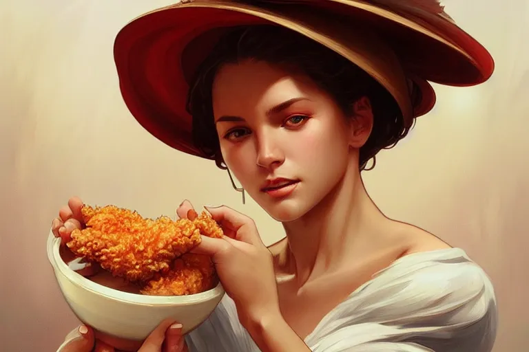 Image similar to kfc chicken, portrait, elegant, intricate, digital painting, artstation, concept art, smooth, sharp focus, illustration, art by artgerm and greg rutkowski and alphonse mucha