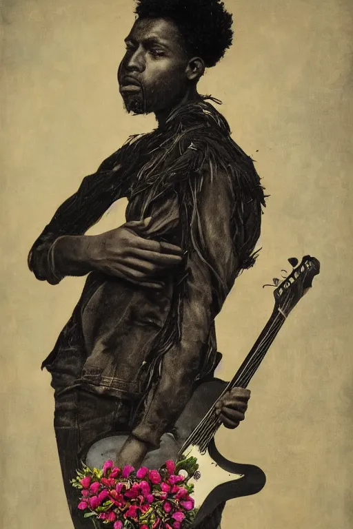 Image similar to a black young man's face in profile, with a guitar made of flowers and fruit, in the style of the Dutch masters and Alec Soth, dark and moody