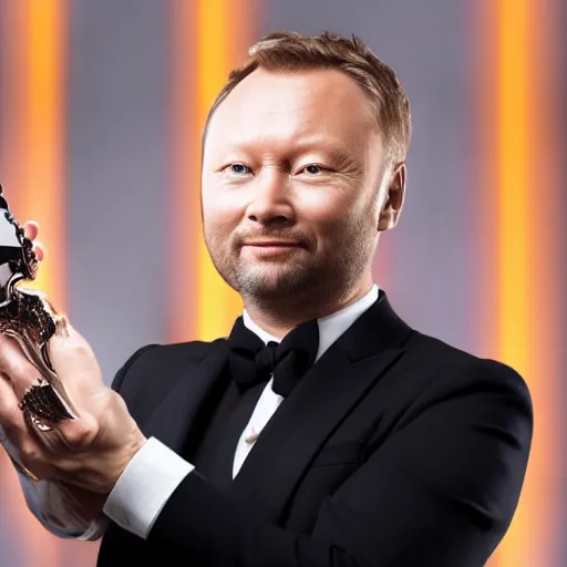 Prompt: limmy brian limond holding bafta award, realistic, long shot, dramatic lighting, hyper realistic, high quality, highly detailed, hd, beautiful, cinematic, 8 k, facial accuracy, symmetrical,