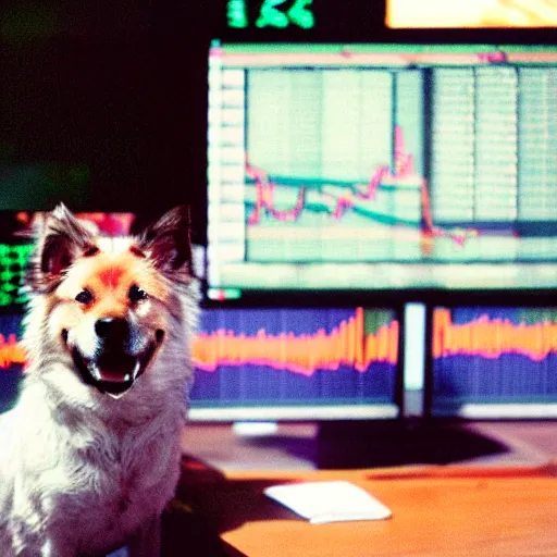 Prompt: photo of dog staring at stock market graph on a computer monitor cinestill, 800t, 35mm, full-HD