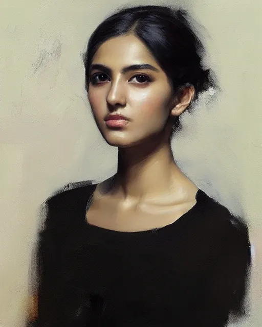 Image similar to beautiful portrait painting an gorgeous delhi girl wearing a little black dress, oil painting, art by ruan jia