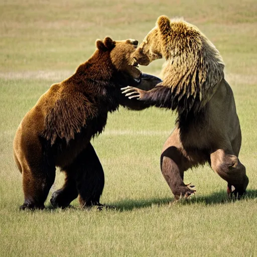 Prompt: a bear fighting a lion