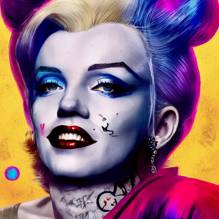 Image similar to portrait of Marilyn Monroe as a harley quinn in Suicide Squad. intricate abstract. intricate artwork. by Tooth Wu, wlop, beeple, dan mumford. octane render, trending on artstation, greg rutkowski very coherent symmetrical artwork. cinematic, hyper realism, high detail, octane render, 8k, iridescent accents