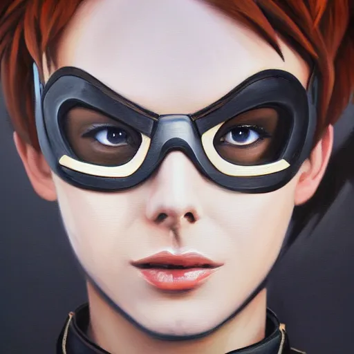 Prompt: oil painting of tracer overwatch in a field wearing very large black leather collar around neck, in style of mark arian, expressive face, very detailed face, very detailed eyes, full body, feminine face, detailed makeup on eyes, tracer overwatch,