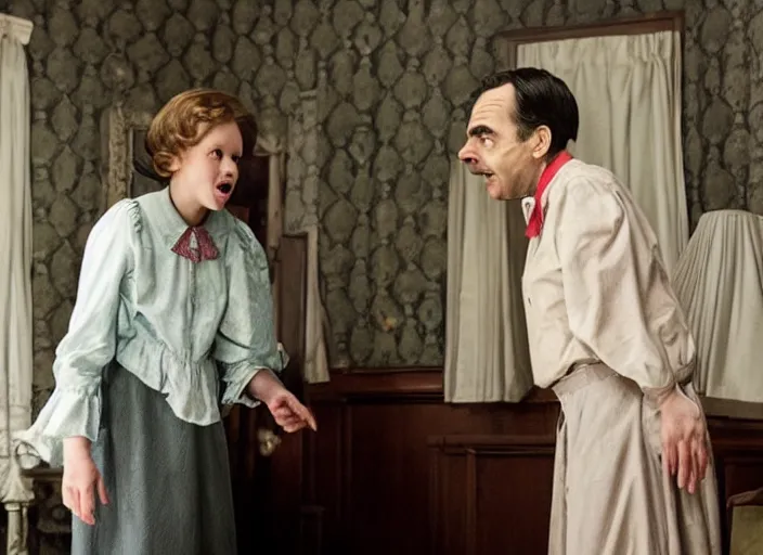 Prompt: a still from The Conjuring with Mr Bean
