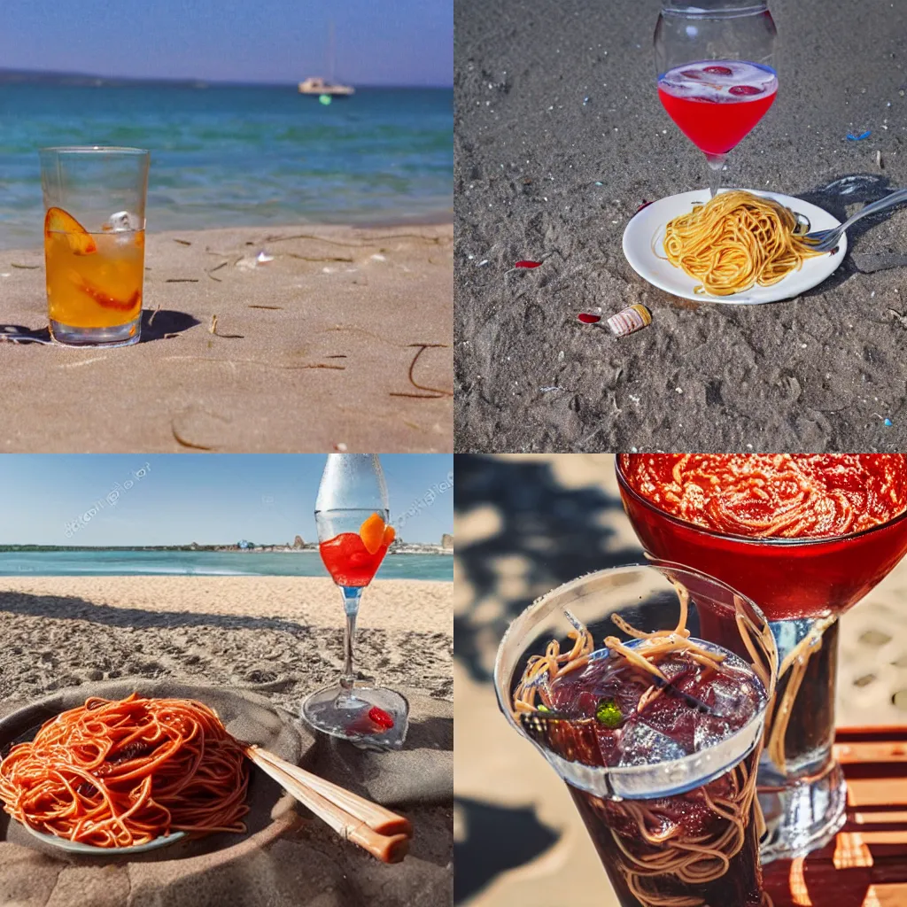 Prompt: Spaghetti lying on the beach enjoying a glass of vodka