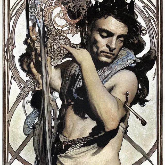 Image similar to an aesthetic! a detailed portrait of a man with a crown, holding a scepter by frank frazetta and alphonse mucha, oil on canvas, art nouveau dungeons and dragons fantasy art, hd, god - rays, ray - tracing, crisp contour - lines, huhd