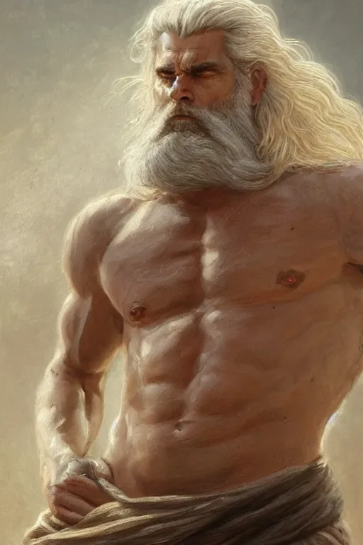 Image similar to painted portrait of rugged zeus, god of thunder, greek god, white hair, masculine, mature, handsome, upper body, muscular, hairy torso, fantasy, intricate, elegant, highly detailed, digital painting, artstation, concept art, smooth, sharp focus, illustration, art by gaston bussiere and greg rutkowski