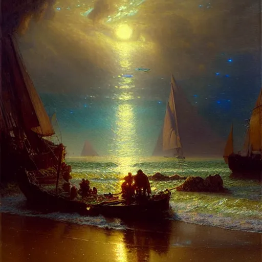 Image similar to point of view of botom of the ocean looking up, see fishes, the milk way, night time, midnight, no sunlight. highly detailed painting by gaston bussiere, greg rutkowski 8 k