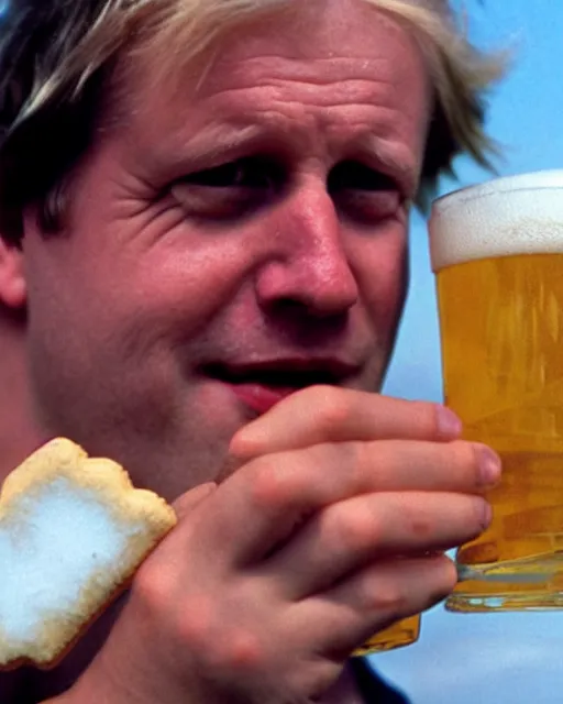 Prompt: film still close - up shot of boris johnson on the beach and drinking a beer with chocolate biscuits from the movie monty python's the meaning of life. photographic, photography