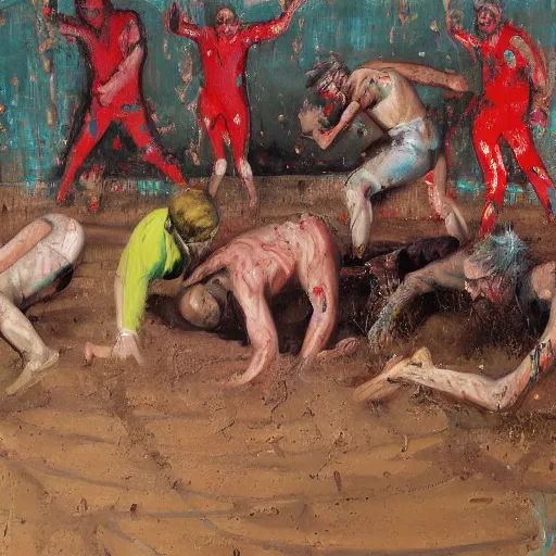 Prompt: 3 drunks fall over mud - wrestling,, where's wally, oil painted ( ( by francis bacon ) )