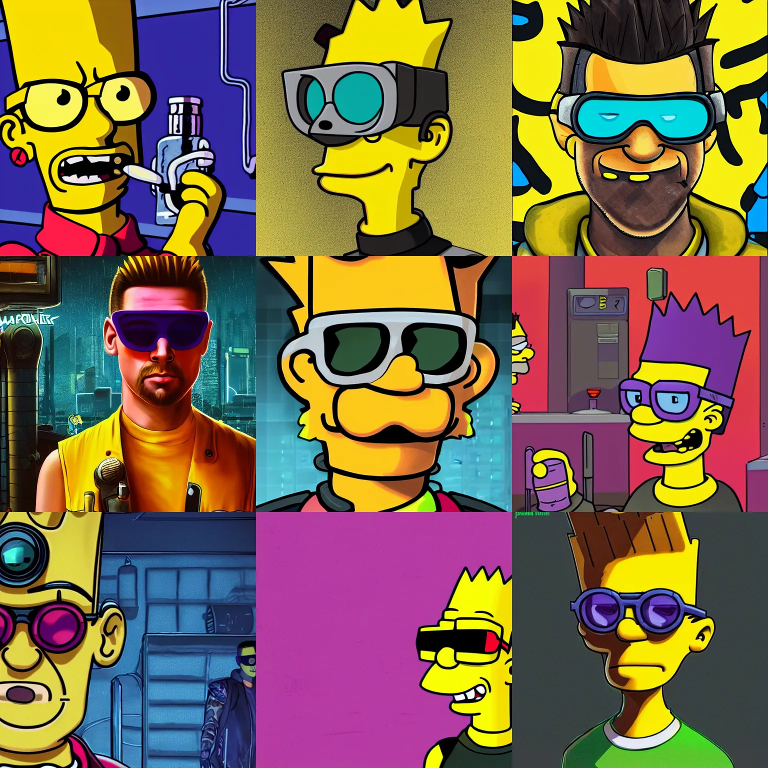 Prompt: Bart Simpson as Barman, wearing shades, a character portrait from Cyberpunk 2077, looking at camera, intricate, sci-fi, extremely detailed, digital art, artstation