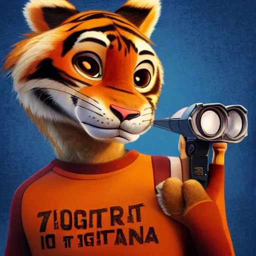 Image similar to “portrait of tiger in the style of the movie zootopia holding a laser gun, 4k, digital art, award winning”