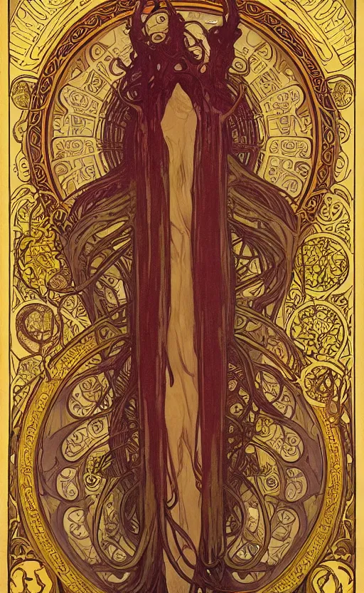 Image similar to Hastur the King in Yellow, art nouveau horror artwork of an eldritch lovecraftian elder god, by alphonse mucha, Adolfo Hohenstein, Alice Russell Glenny, greg rutkowski, 4k, trending on artstation, smooth, sharp focus