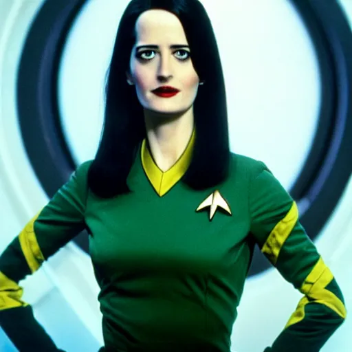 Image similar to a full body photograph of 3 0 year old eva green as a star fleet officer from star trek next generation, extreme realism and detail, 8 k, completely framed, direct lighting, 3 5 mm photo, photorealistic, sharp focus