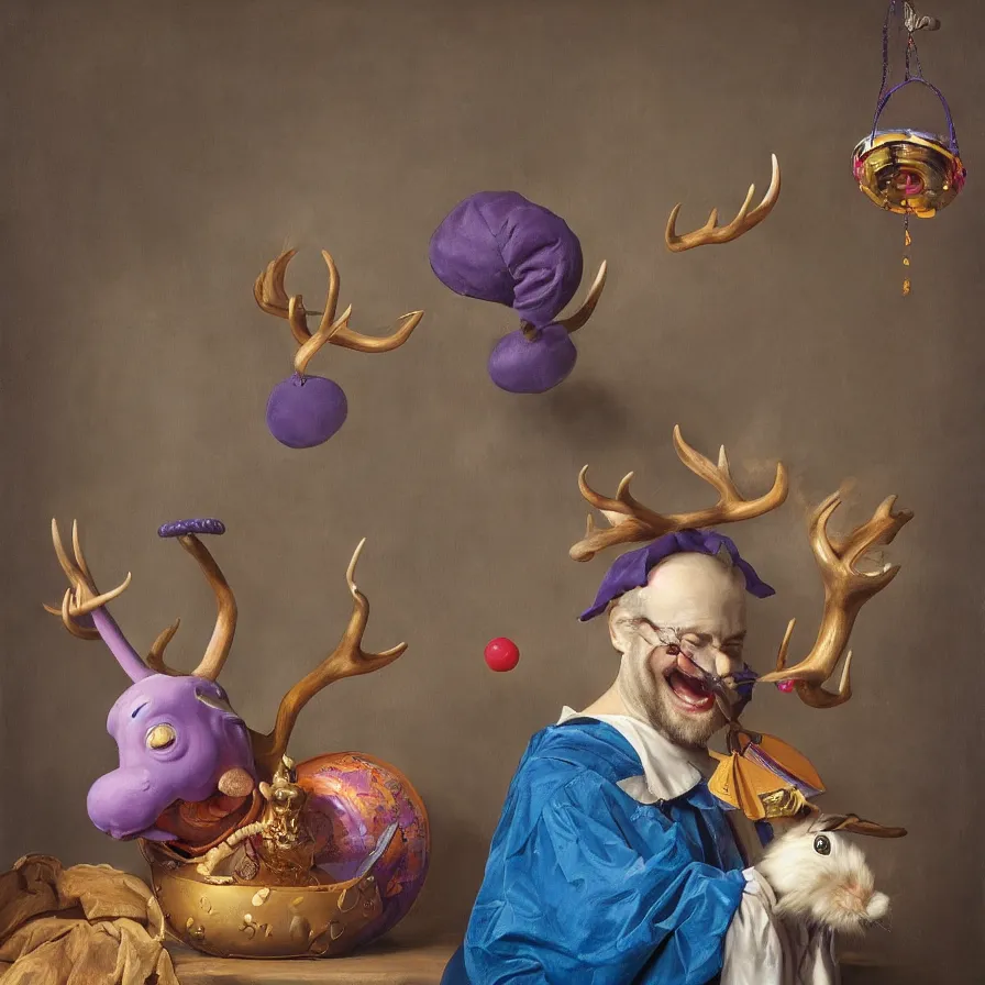 Image similar to rare hyper realistic portrait painting by dutch masters, studio lighting, brightly lit purple room, a blue rubber ducky with antlers laughing at a giant crying rabbit with a clown mask